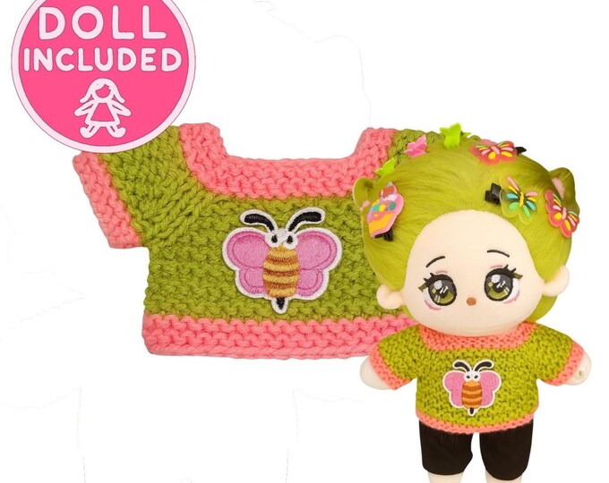 Handmade Green & Pink Knitted Butterfly Sweater for 20cm Dolls Green Doll Girl Green Eyes Outfit Full Set Black Pants Clothes Cotton Plushie