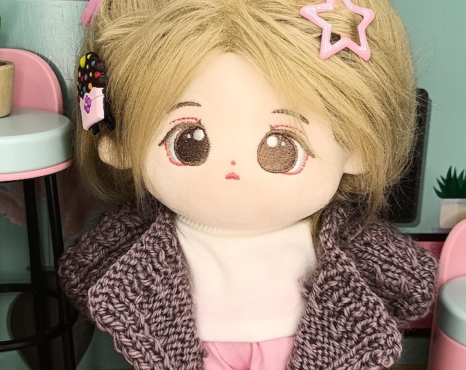 Handmade Knitted Ash Grey Gray Coat 20cm Plush Dolls Cozy Stylish Unique Plushie Outfit Doll Display Knitwear Wardrobe Cold Winter Autumn