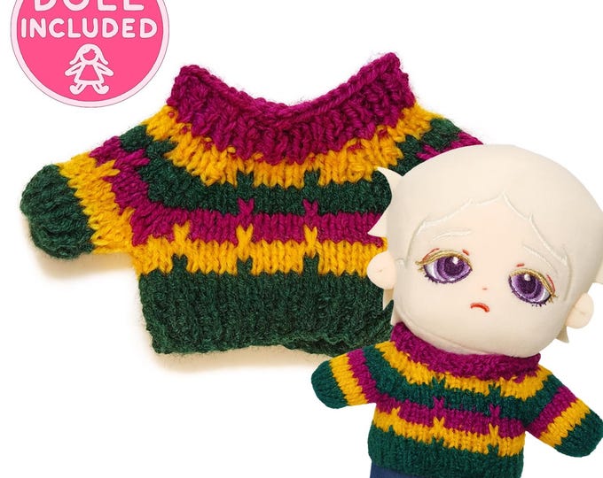 Custom Blond Purple-eyed Plush Doll with Handmade Knitted Striped Sweater – 20cm Plush Toy, Sweater Only, Doll Only, or Full Outfit Set