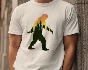 Bigfoot Forest Silhouette T-Shirt, Sasquatch Nature Graphic Tee, Cryptid Shirt for Hikers, Father's Day Gift, Camping Outdoor Adventure