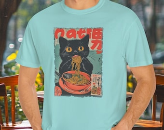Japanese Poster Art Black Cat Eating Ramen T-shirt, Cat Lover Gift, Anime Cat T-Shirt, Foodies Shirt, Ramen Lover, Kitty Tee, Alt Clothing
