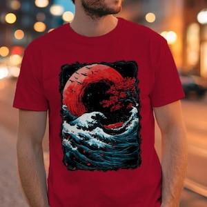 Camiseta Vórtice del Sol Naciente, Póster Japonés Vintage, La Gran Ola de Kanagawa, Estética Japonesa, Ropa Urbana, Ilumina la Oscuridad