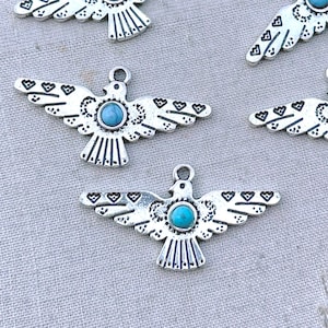 3 Silver Thunderbird Charm Pendant With Turquoise for
