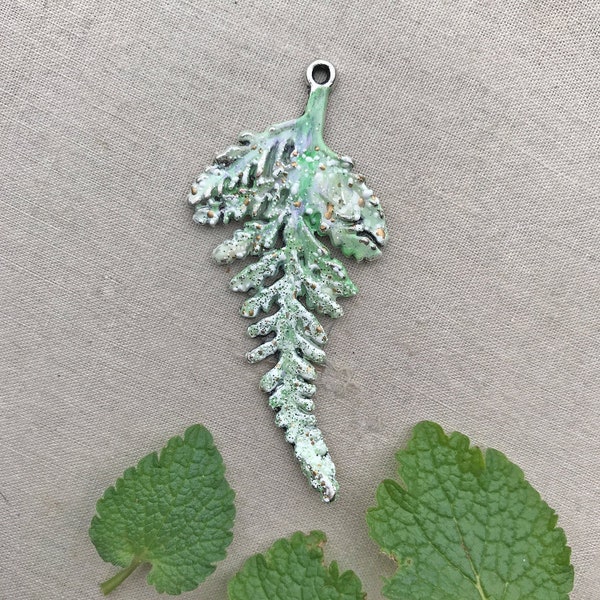 Fern Leaf Pendant, Artisan Fern Pendant, OOAK Artisan Fern Jewelry, Handmade Fern Leaf Component, Painted Pendant, Dry Gulch, Silver Lace