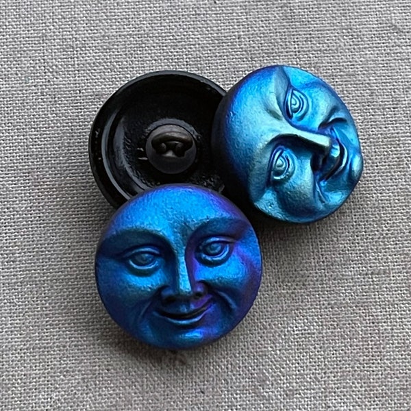 Scarabee Moon Czech Glass Button, Matte Blue Button, Moon Face Glass Button, 18mm Czech Button, 18mm Button, 1 Pc, Dry Gulch, Matte Scarabee