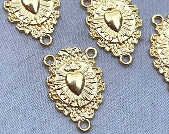 Conector del Sagrado Corazón, Corazón Boho de Filigrana, Estación de Corazón para Rosario, Pieza Chapada en Oro, Piezas de Joyería Únicas, 27 x 17 mm, 6 Piezas, Dry Gulch