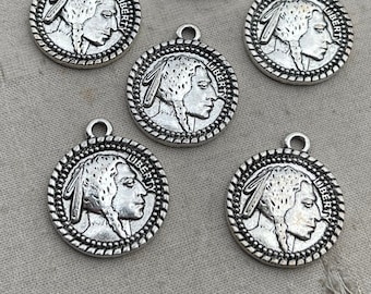 American Indian Charm, Buffalo Nickel Coin, Buffalo Indian Charm, Boho Coin Charms, 22x18mm, 6pcs, Dry Gulch