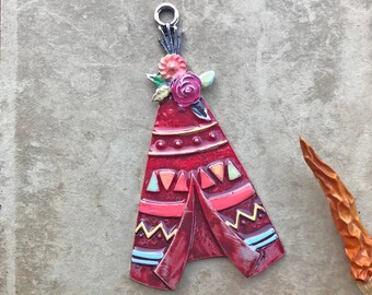 Red Boho Teepee Pendant, Rustic Indian Teepee Pendant, Boho Flower Teepee Pendant, Artisan Pendant, Dry Gulch, 1Pc, Red Rambler