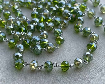 Olivine, Peridot Green Crystal Beaded Chain, 8mm Rondelle Crystal Chain, Easy Open Eyepin Silver Chain, 1Ft, Dry Gulch