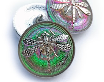 Dragonfly Czech Glass Button, 22mm Czech Glass Button, Silver Dragonfly Vitrail Button, 22mm Button, 1 Pc, Dry Gulch