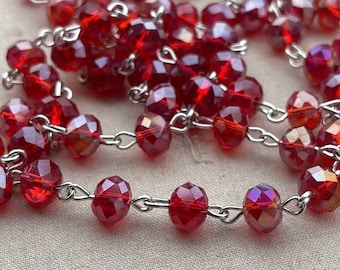 Crimson AB, Red AB Vintage Rosary Chain, Red AB Beaded Chain, 8mm Rondelle Crystal, Easy Open Eyepin Silver Chain, Dry Gulch, 1 Ft