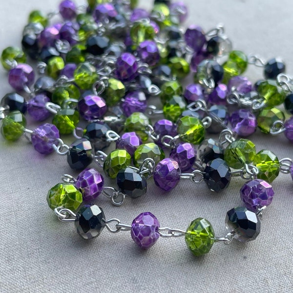 Frog Potion, Halloween Crystal Beaded Chain, Mardi Gras Rosary Chain, 8mm Crystal, Easy Open Eyepin Antique Silver Chain, Dry Gulch, 1ft