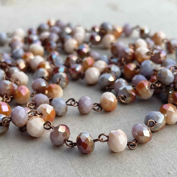 Desert Sunset, Vintage Boho Crystal Rosary Chain, Copper Cream Crystal Beaded Jewelry Chain, 8mm Eyepin Copper Chain, 1 Foot, Dry Gulch