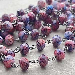 Nebula, Galaxy Purple Beaded Chain, Blue Marbled Crystal Chain, 8mm Rondelle Crystal, Easy Open Eyepin Gunmetal Chain, 1 Ft, Dry Gulch