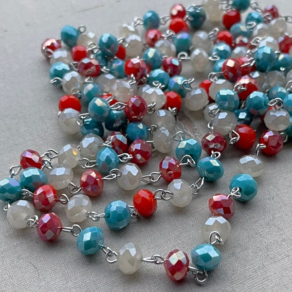 La Boheme, Turquoise Coral Boho Crystal Chain, Rosary Beaded Chain, 8mm Rondelle Crystals, Easy Open Eyepin Silver Chain, 1 Foot, Dry Gulch