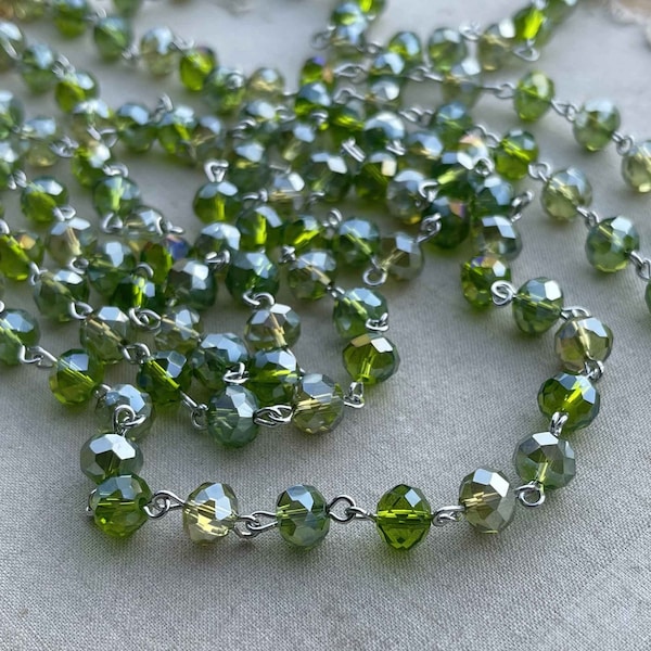 Olivine, Peridot Green Crystal Beaded Chain, 8mm Rondelle Crystal Chain, Easy Open Eyepin Silver Chain, 1Ft, Dry Gulch
