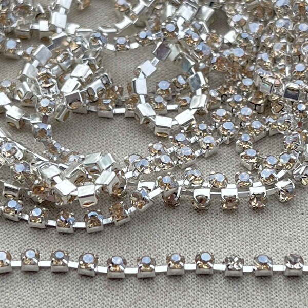 2mm Pale Rhinestone Cup Chain, 6SS Rhinestone Crystal Chain, Wholesale Jewelry Chain, Silver Plated, Pkg of 8 Feet, Dry Gulch, Golden Shadow