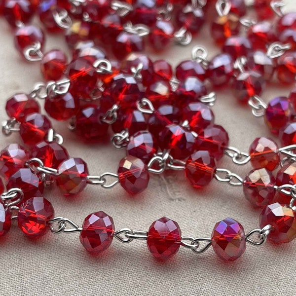 Crimson AB, Red AB Vintage Rosary Chain, Red AB Beaded Chain, 8mm Rondelle Crystal, Easy Open Eyepin Silver Chain, Dry Gulch, 1 Ft