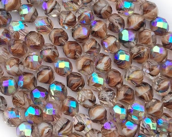 Tortoiseshell Fire Polish Czech, Czech Glass Beads, 8mm Faceted Czech Beads, Dry Gulch, 1 Strand of 23-25pcs, Tortoiseshell Cocoa AB Ombre