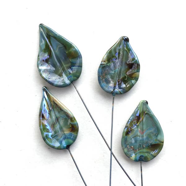 Leaf Headpins, Lampwork Leaf Headpins, Lampwork Headpins, OOAK Goldstone Green Leaves, Set of 4 by Dry Gulch, Amazon Jungle #678