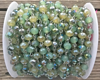 Light Blue Crystal Rondelle Beaded Rosary Antique Copper Eyepin Chain 8x6mm 2ft