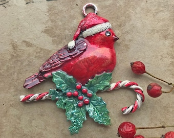 Red Cardinal Bird Christmas Ornament Gift Tag Hand Made USA