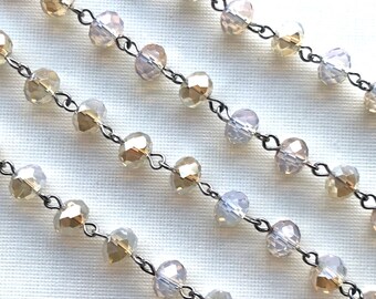 Pink Crystal Pearl Rondelle Beaded Rosary Silver Eyepin Chain 6x4mm 2 feet