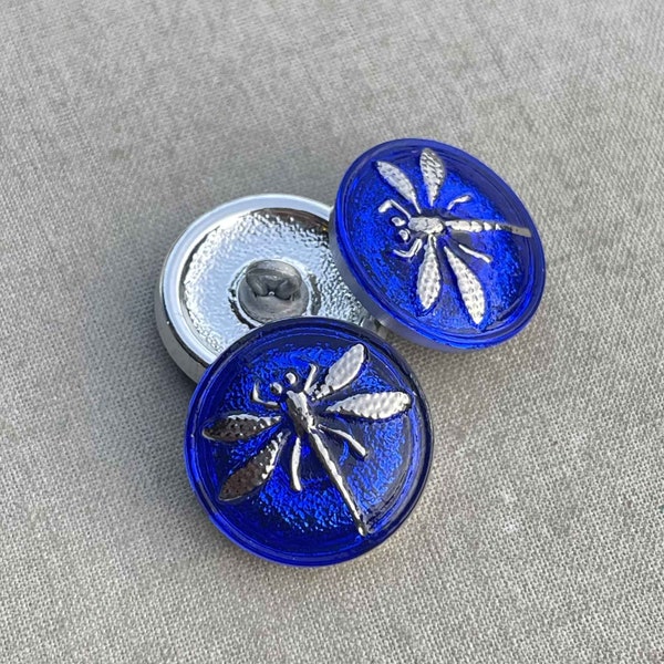 Cobalt Dragonfly Czech Glass Button, 18mm Czech Glass Button, Silver Dragonfly Button, 18mm Button, 1 Pc, Dry Gulch, Cobalt Mercury