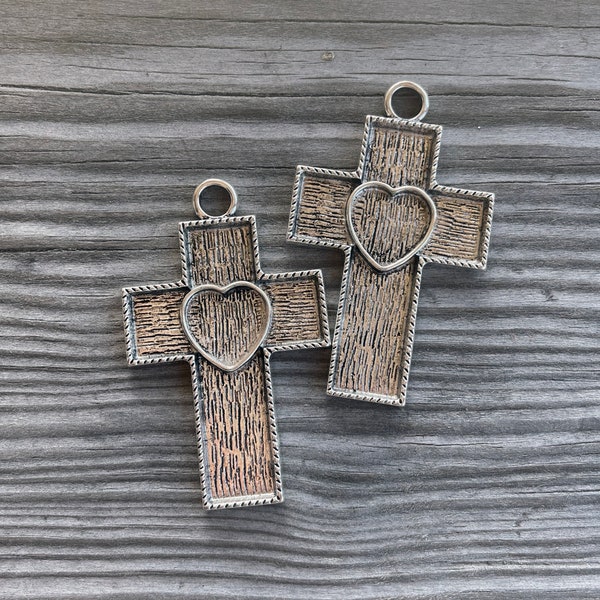 Cross Blank Tray Bezel Pendant, Heart Cross Blank Tray Findings, Roped Cross Pendants, 2mm Tray, 66x41mm, 2Pcs, Dry Gulch