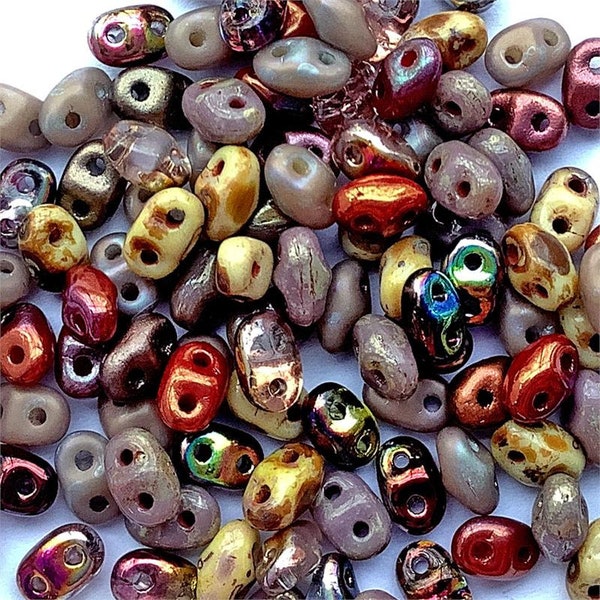 Autumn, MiniDuo Beads, Czech Glass MiniDuo Beads, Custom Color Mix, 2 Hole MiniDuos, 4x2mm, 5 Gram Tube, Dry Gulch