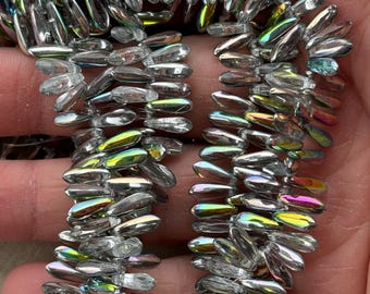 Cuentas de daga plateadas AB, cuentas de daga checas de color verde plateado, pequeñas cuentas de vidrio en forma de gota, 10 x 3 mm, 1 tira de 100 piezas, Dry Gulch, Crystal Vitrail