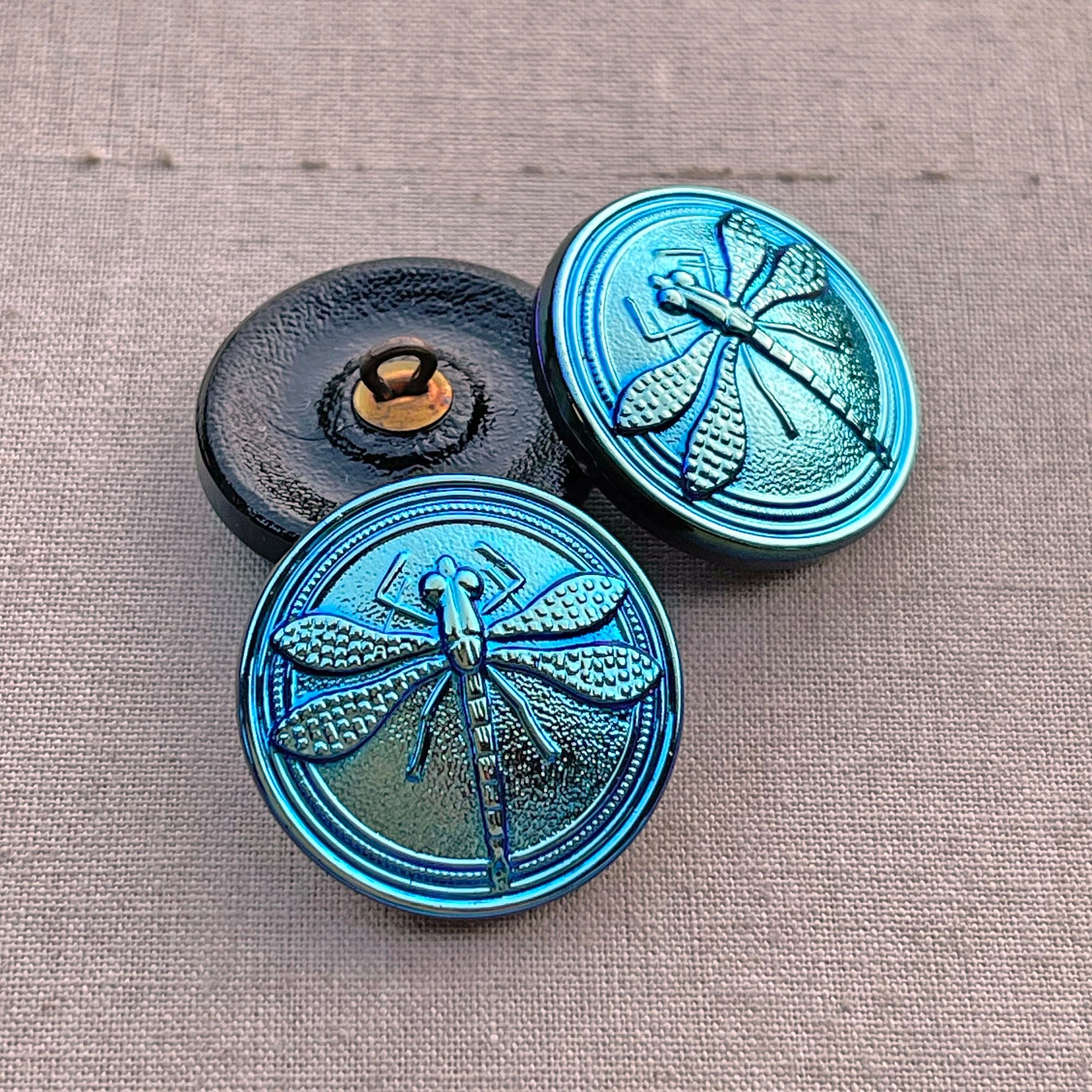 Czech Glass Dragonfly Button with Vitrail Medium and gold painted dragonfly 