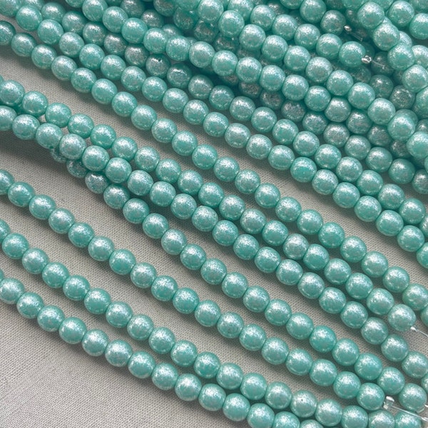 Turquoise Silver Czech Beads, Blue Silver Czech Round Druk Beads, 5mm Czech Glass Luster Beads, Dry Gulch, 30 Beads, Turquoise Mercury