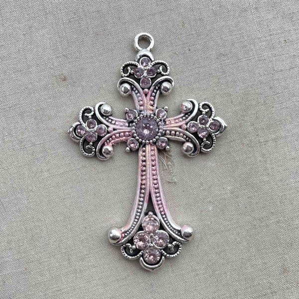 Pink Patina Rhinestone Cross Pendant, Artisan Rustic Cross Pendant, Crystal Pink Patina, 75x50mm, 1Pc, Dry Gulch, Rosaline