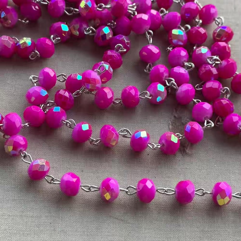 Pink Party Time, Neon Pink Crystal Rosary Chain, Bright Pink AB ...