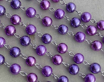 Valiant Violet, Purple Mauve Pearl Rosary Chain, Glass Pearl Beaded Jewelry Chain, 8mm Eyepin Silver Chain, 1Ft, Dry Gulch