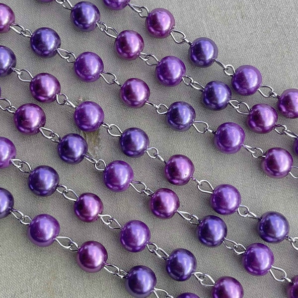 Valiant Violet, Purple Mauve Pearl Rosary Chain, Glass Pearl Beaded Jewelry Chain, 8mm Eyepin Silver Chain, 1Ft, Dry Gulch