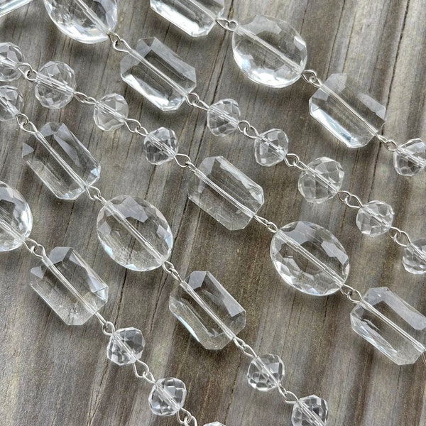 Clear Crystal Bead Chain, Multi Shape Large Size, 20mm Ovals, 18mm Rectangles, 10-12mm Rondelles, Eyepin Silver Chain, 1Ft, Dry Gulch, Clear