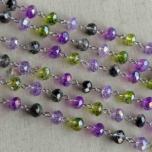 Frog Potion, Halloween Crystal Beaded Chain, Mardi Gras Rosary Chain, 8mm Crystal, Easy Open Eyepin Antique Silver Chain, Dry Gulch, 1ft