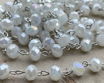 Chalk AB, White AB Crystal Beaded Chain, White Opaque Rosary Chain, 8mm Crystal, Easy Open Eyepin Silver Chain, Dry Gulch, 1 Foot