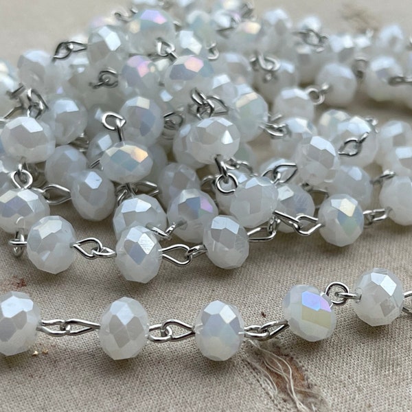 Chalk AB, White AB Crystal Beaded Chain, White Opaque Rosary Chain, 8mm Crystal, Easy Open Eyepin Silver Chain, Dry Gulch, 1 Foot