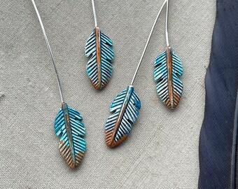 Blue Hand Painted Feather Headpins, Artisan Painted Feather Pins, 2-3/4" Inches, 4 Pins, Dry Gulch, Teal