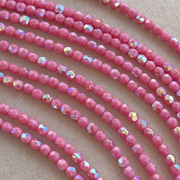 Pink AB Fire Polish Czech Beads, 4mm Czech Glass Beads, Tiny Czech Beads, Dry Gulch, 1 Strand of 50pcs, Opaque Pink AB