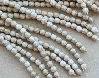 White Etched Fire Polish Czech Beads, Gold Czech Glass, 6mm Faceted Czech Beads, Czech Beads, 25pcs, Dry Gulch, Gilded Ivory