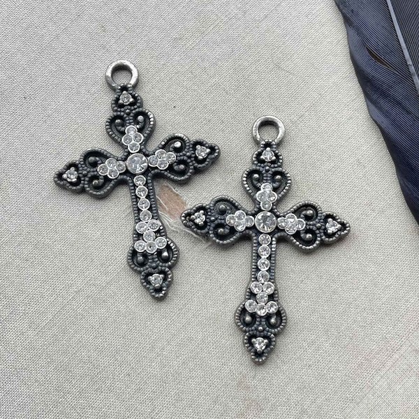 Dark Rhinestone Filigree Cross Pendants, Artisan Rustic Cross Pendant, Crystal Clear, 50x34mm, 2Pcs, Dry Gulch, Antiqued