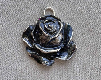 Black Rose Pendant, Grey Rose Pendant, Black Sparkle Patina Rose, Handmade OOAK Artisan Rose, 35mm, Dry Gulch, 1 Pc, Black Magic