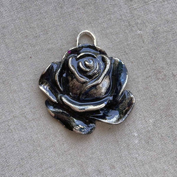 Black Rose Pendant, Grey Rose Pendant, Black Sparkle Patina Rose, Handmade OOAK Artisan Rose, 35mm, Dry Gulch, 1 Pc, Black Magic