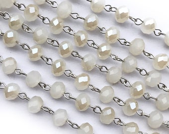 Chantilly Lace, Vintage Cream Crystal Rosary Chain, Cream Opal Crystal Beaded Jewelry Chain, 8mm Eyepin Silver Chain, 1 Foot, Dry Gulch