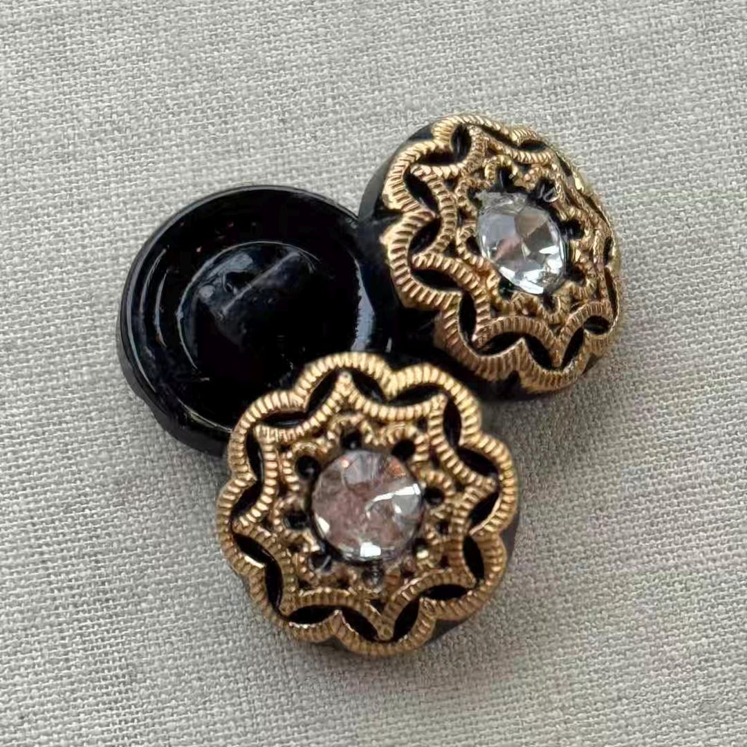 Jet Black Rhinestone Button, Black Gold Glass Button, Baroque Gem ...