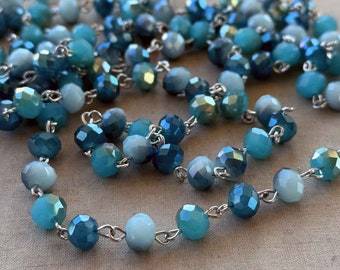 Tuscan Teal, Turquoise Teal Crystal Rosary Chain, Classic Blue Crystal Beaded Jewelry Chain, 8mm Eyepin Silver Chain, 1 Foot, Dry Gulch